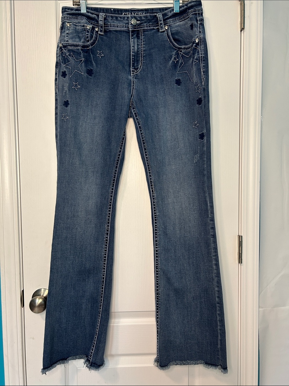 Grace in LA Women’s Jeans Blue Star Embroidered Flare Easy Fit Boot Cut Size 33